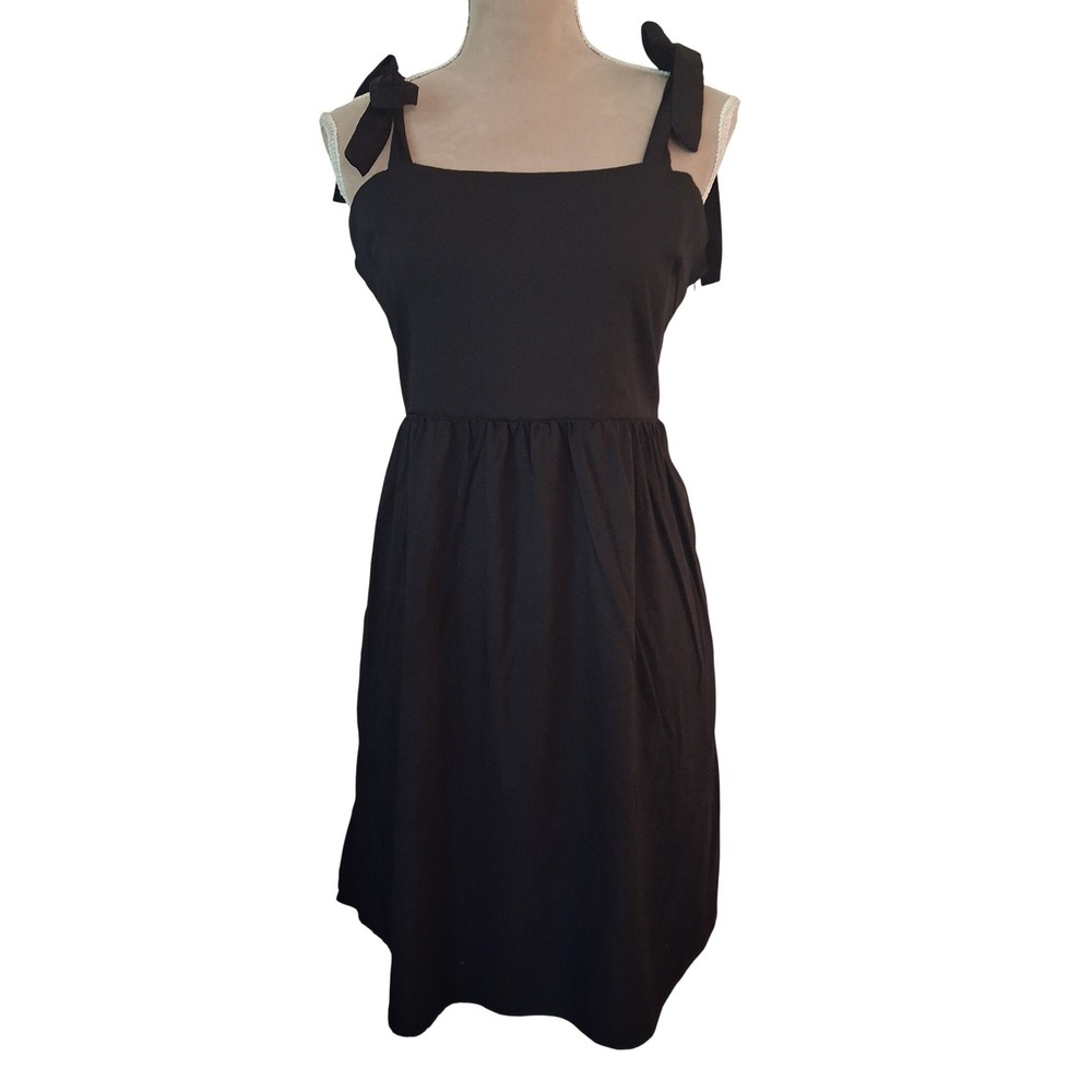 Clarisbelle Womens Black Tie Shoulder Smocked Back A-Line Pocket Dress Medium